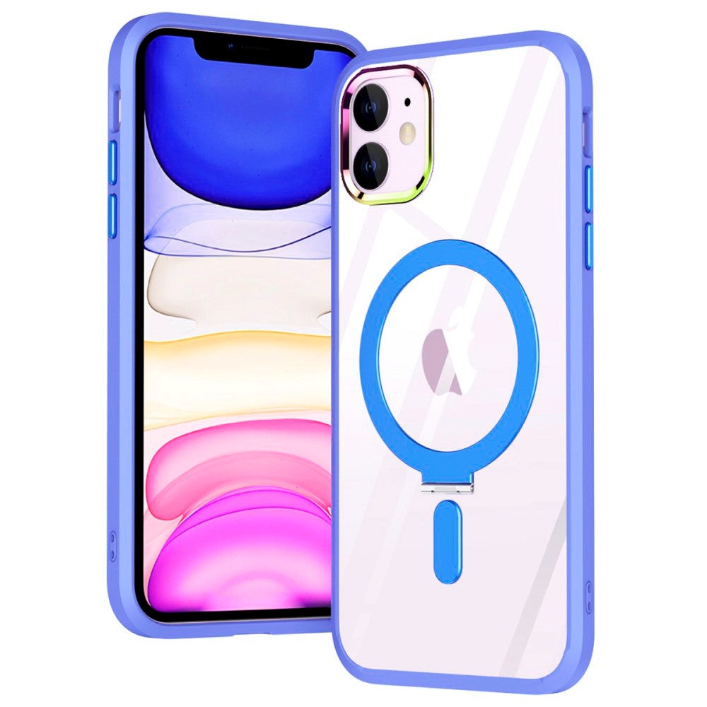 iPhone 11 Flexible Plastic Case with Magnetic Kickstand Ring - MagSafe Compatible - Transparent / Navy Blue