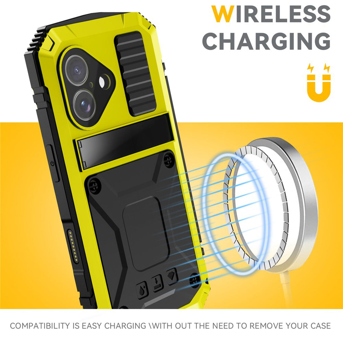 iPhone 17 R-JUST Hybrid Rugged Case with Built-In Screen Protector & Kickstand - Yellow
