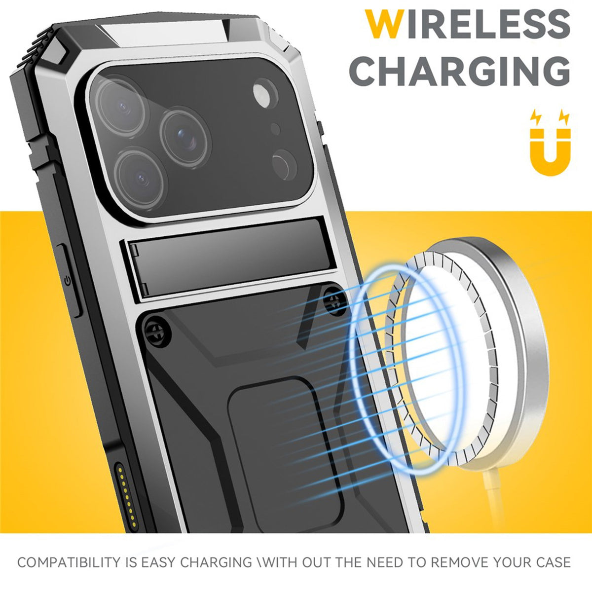 iPhone 18 Pro / 17 Pro R-JUST Hybrid Rugged Case with Built-In Screen Protector & Kickstand - Silver