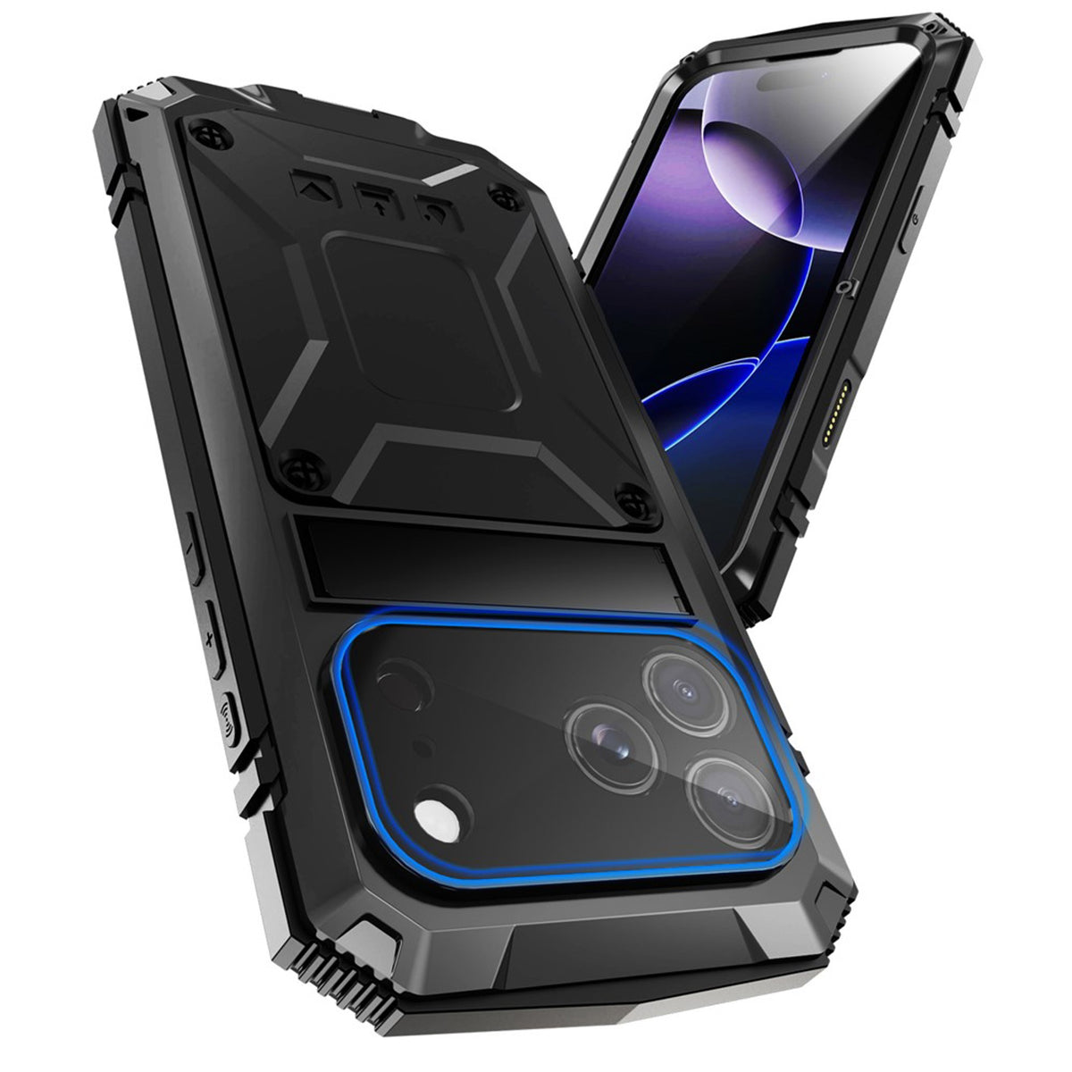 iPhone 18 Pro Max / 17 Pro Max R-JUST Hybrid Rugged Case with Built-In Screen Protector & Kickstand - Black