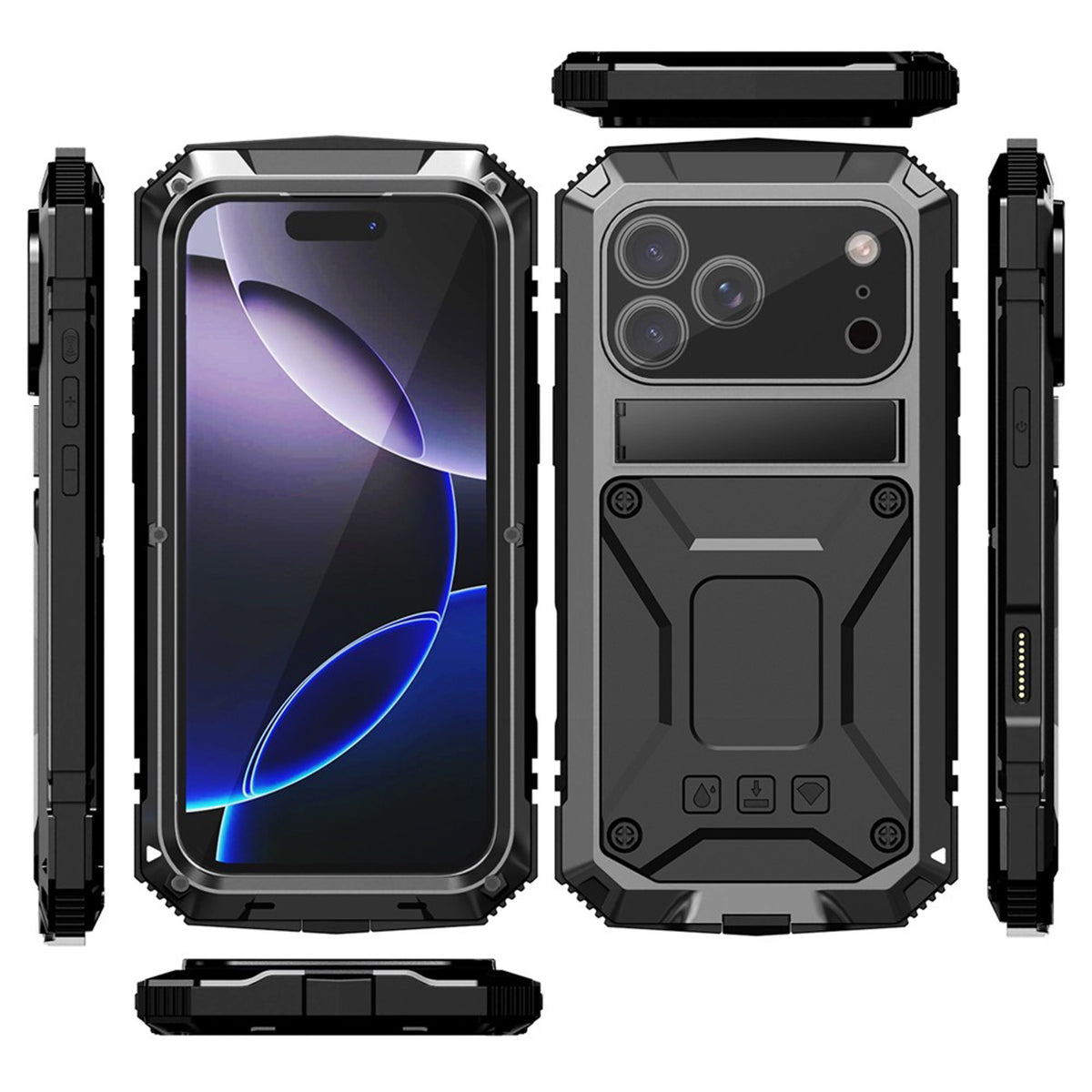 iPhone 18 Pro Max / 17 Pro Max R-JUST Hybrid Rugged Case with Built-In Screen Protector & Kickstand - Black