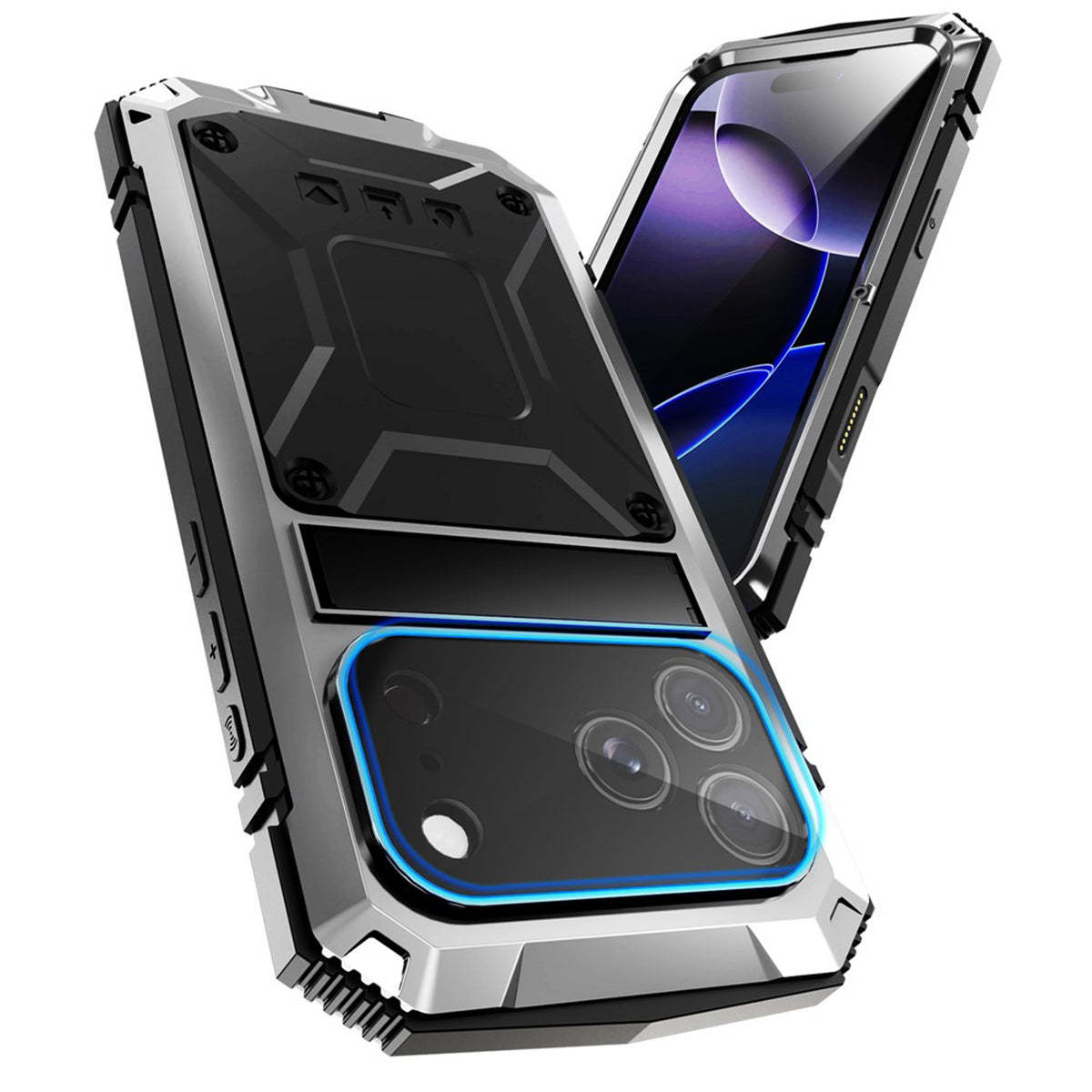 iPhone 18 Pro Max / 17 Pro Max R-JUST Hybrid Rugged Case with Built-In Screen Protector & Kickstand - Silver