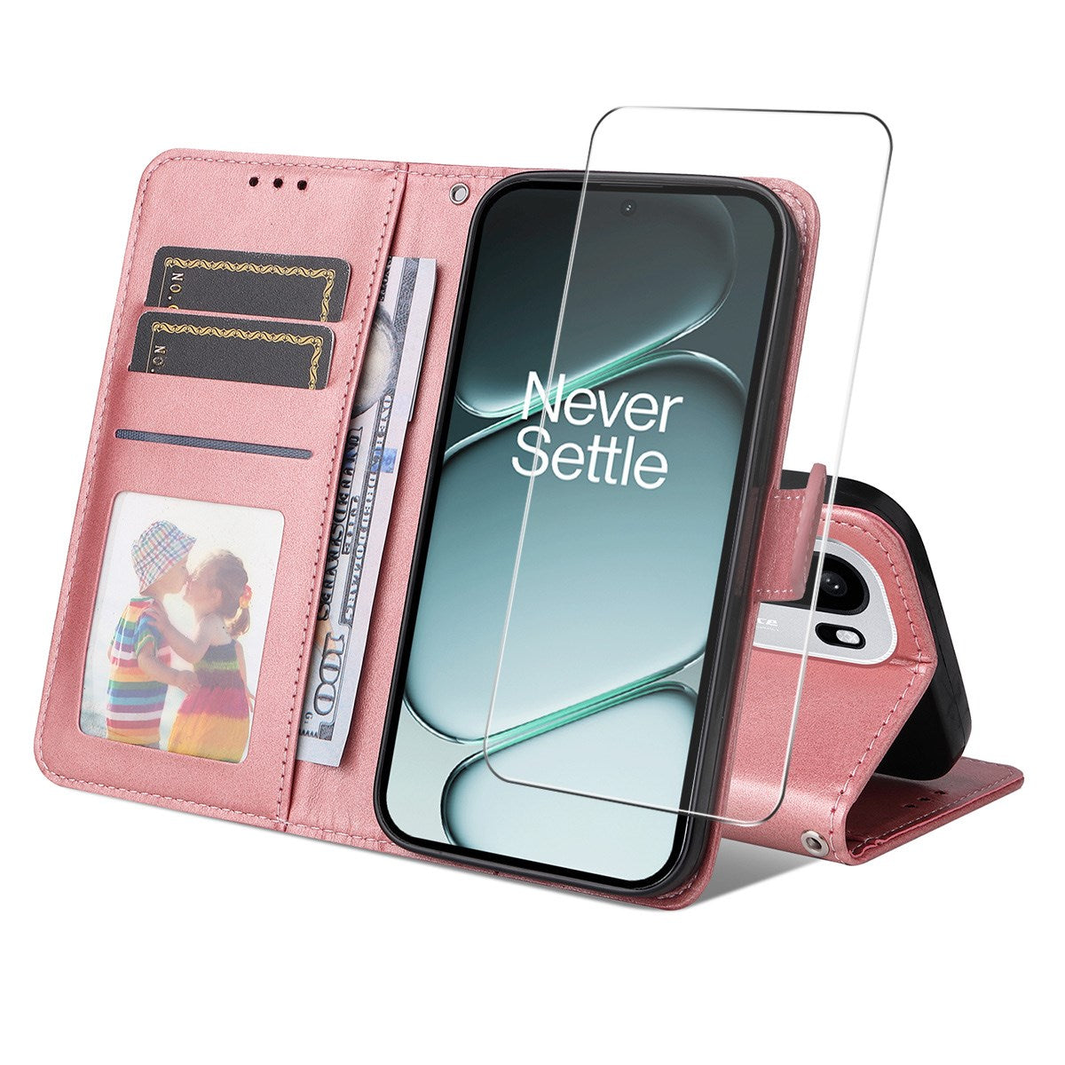 OnePlus 15R ENKAY 2-in-1 Faux Leather Flip Case with Screen Protector Glass - Pink