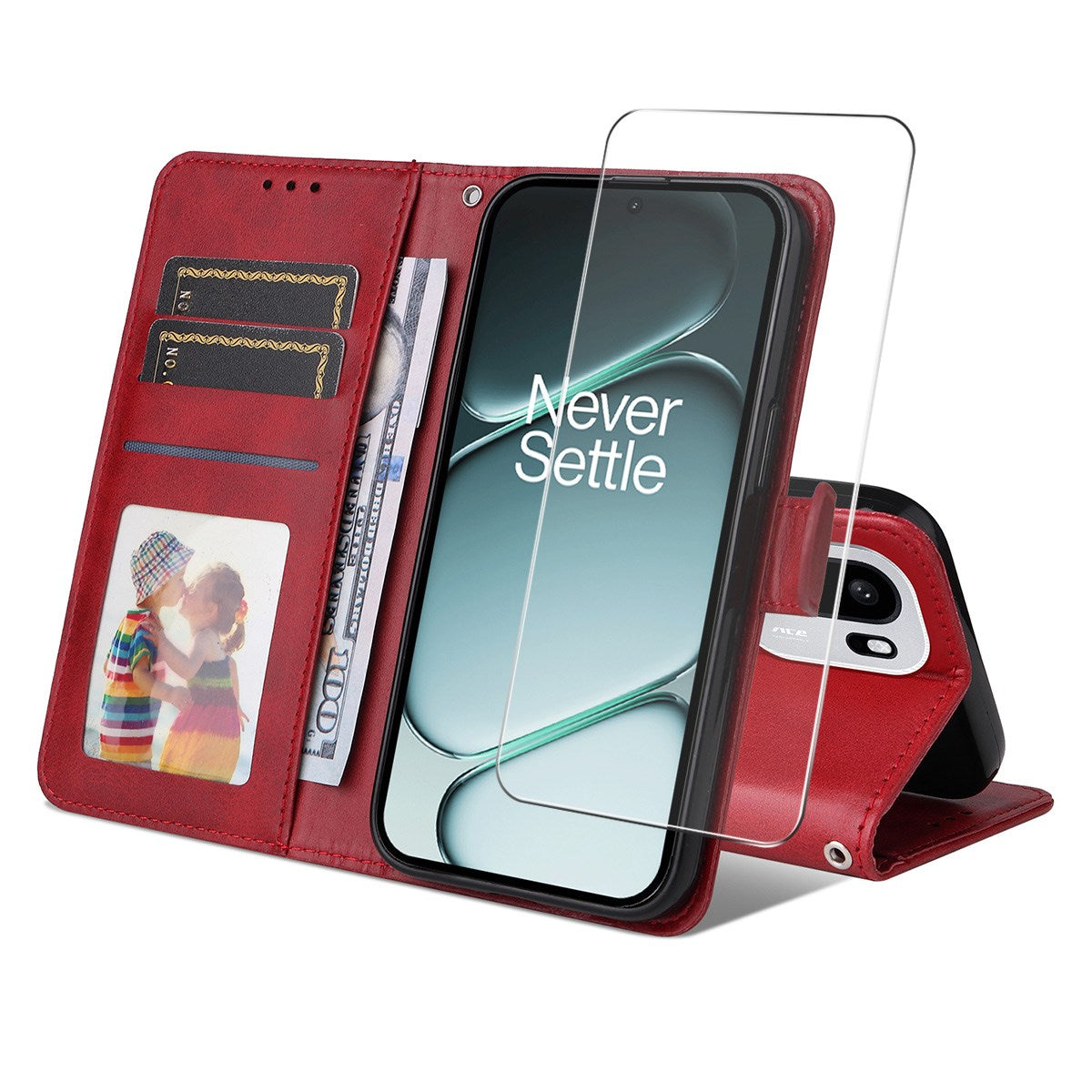 OnePlus 15R ENKAY 2-in-1 Faux Leather Flip Case with Screen Protector Glass - Red