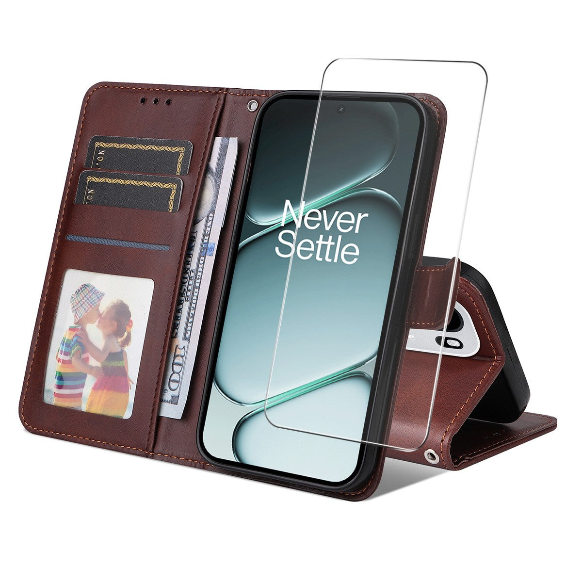 OnePlus 15R ENKAY 2-in-1 Faux Leather Flip Case with Screen Protector Glass - Brown