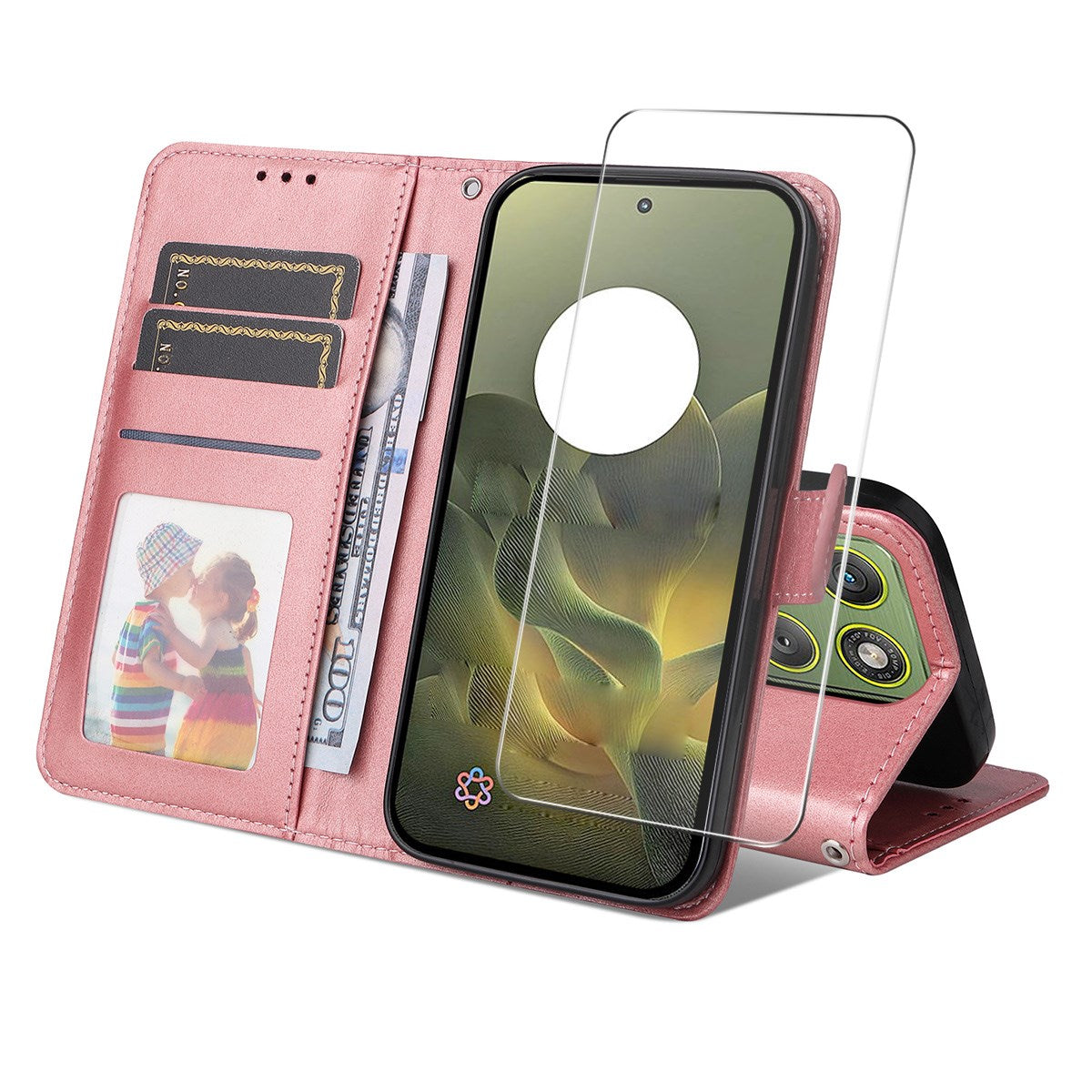 Motorola Edge 70 EIDERWOOD Leather Case with Screen Protector Glass & Card Holder - Pink