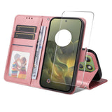 Motorola Edge 70 EIDERWOOD Leather Case with Screen Protector Glass & Card Holder - Pink