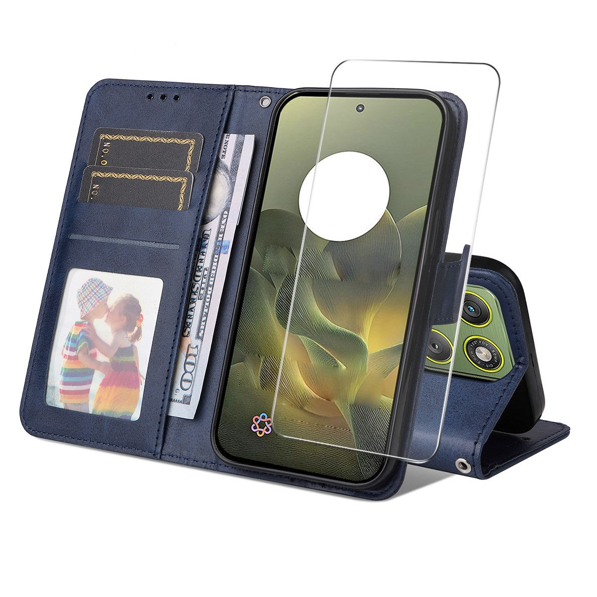 Motorola Edge 70 EIDERWOOD Leather Case with Screen Protector Glass & Card Holder - Blue