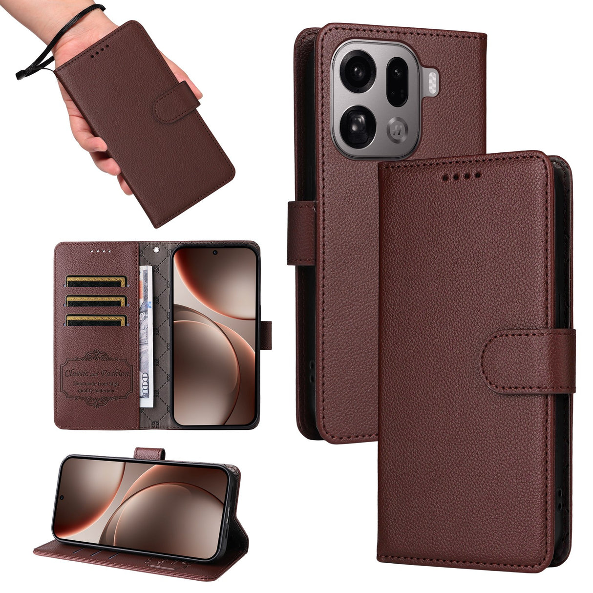 EIDERWOOD Oppo Find X9 Pro Faux Leather Flip Case with Strap - Brown