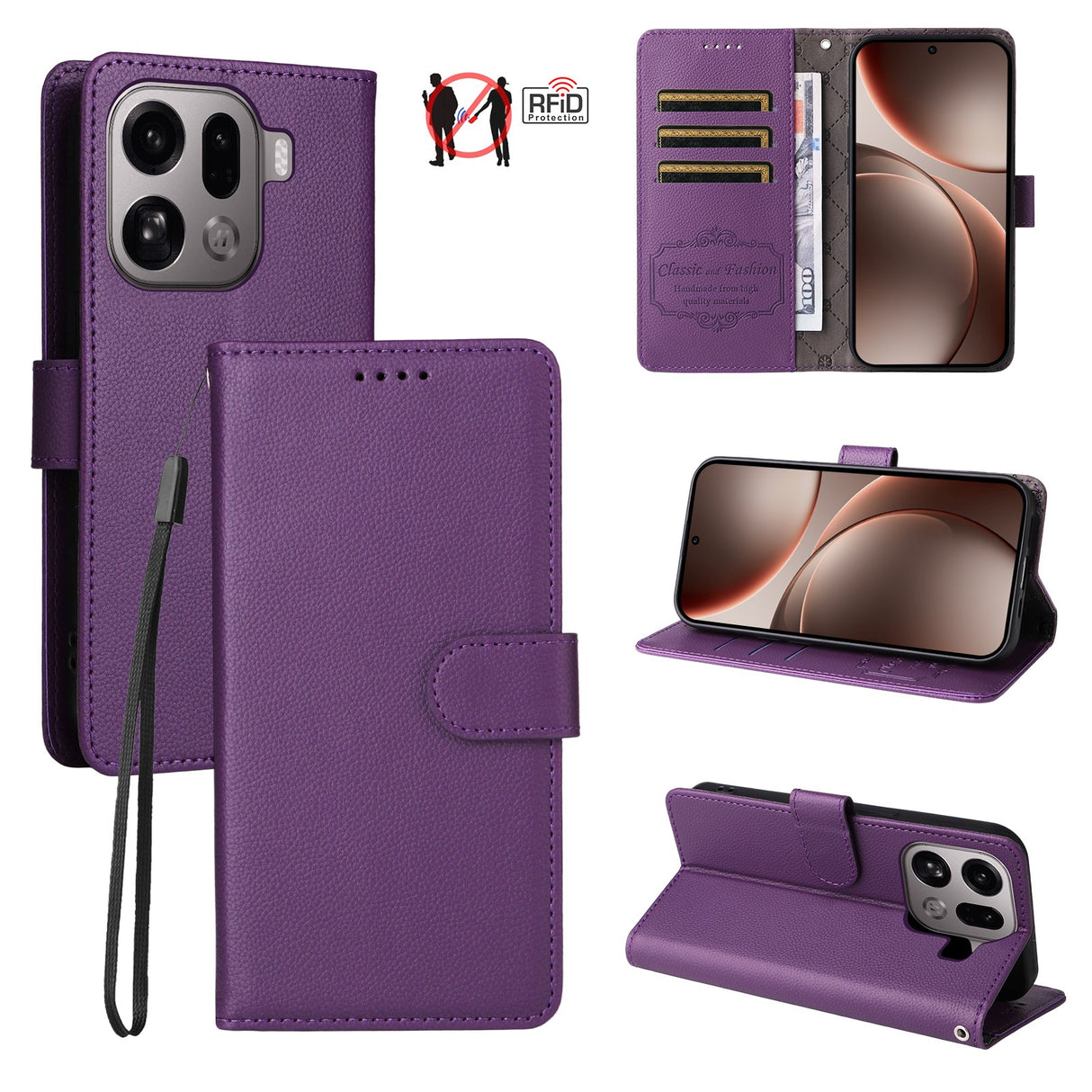 EIDERWOOD Oppo Find X9 Pro Faux Leather Flip Case with Strap - Purple