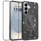 Samsung Galaxy S26+ (Plus) EIDERWOOD Magnetic Plastic Glitter Case with Screen Protector Glass – MagSafe Compatible – Transparent / Black