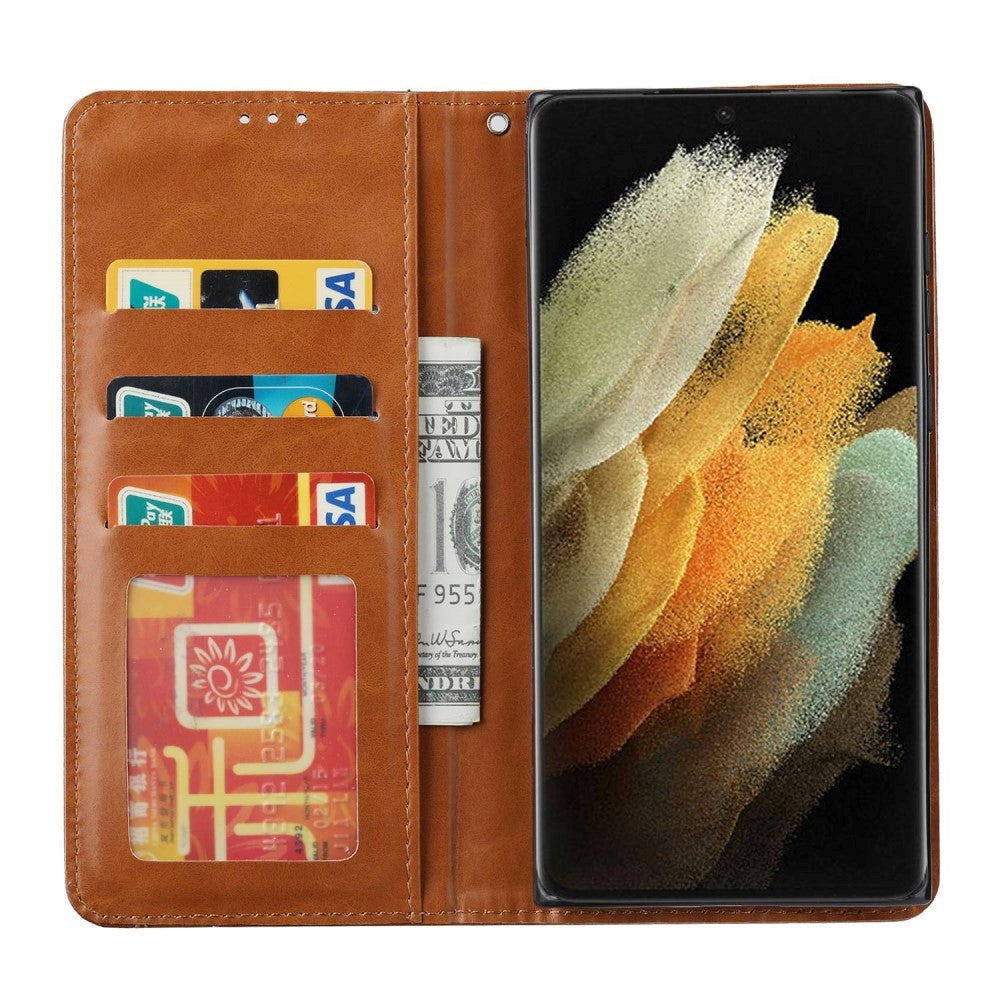 Samsung Galaxy S23 Ultra Glossy Leather Flip Case w. 3 Card Holders and Front Pocket - Brown