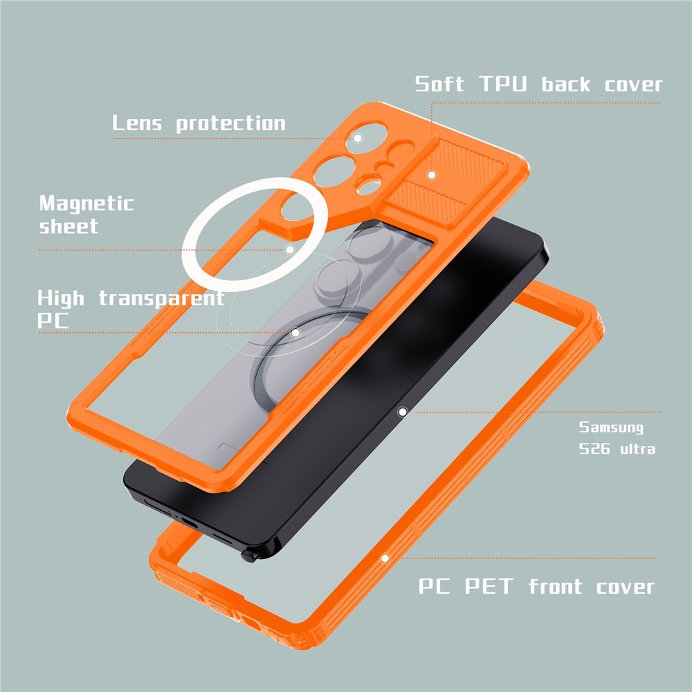 Samsung Galaxy S26 Ultra Redpebber Waterproof Hybrid Plastic Case – MagSafe Compatible – Orange