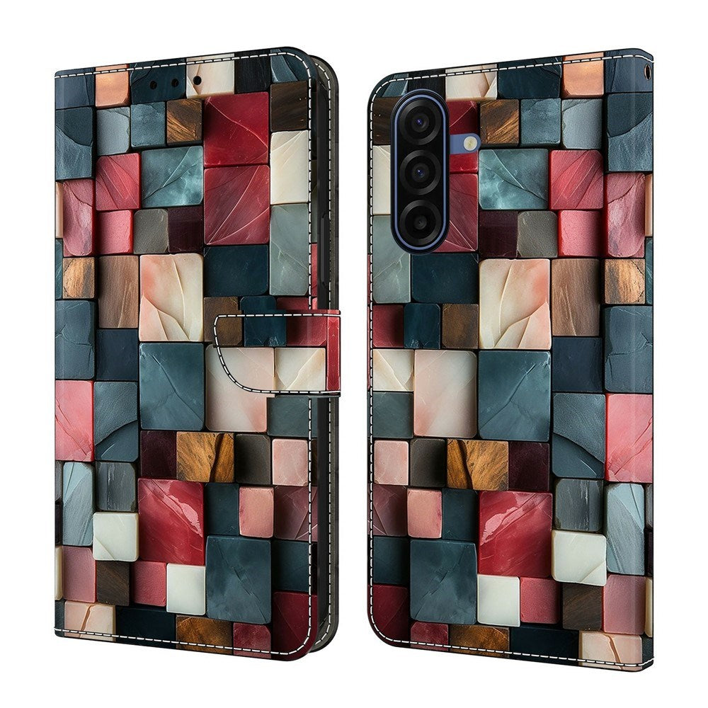 Samsung Galaxy A37 EIDERWOOD Faux Leather Case with Built-in Card Holder & Stand Function - Colorful Squares
