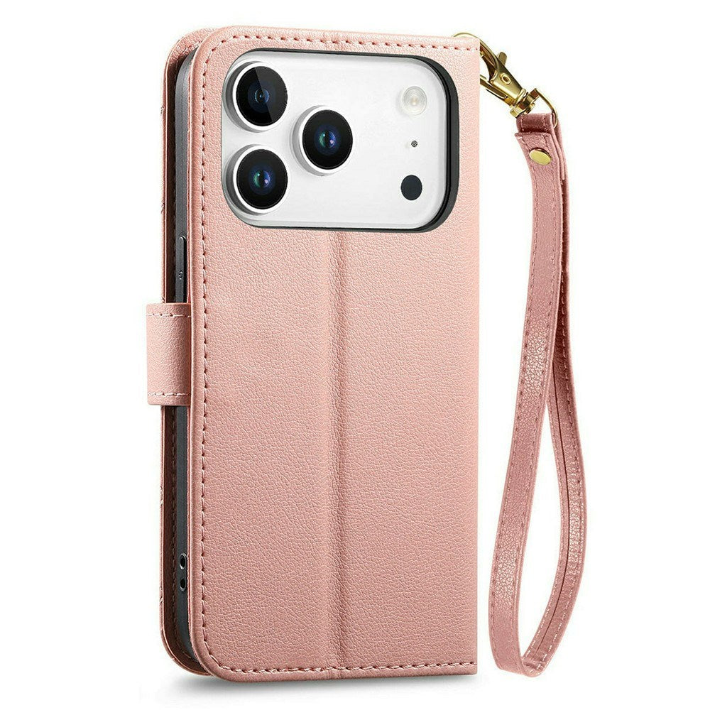 iPhone 18 Pro / 17 Pro EIDERWOOD Faux Leather Flip Case with Texture & Strap - Pink