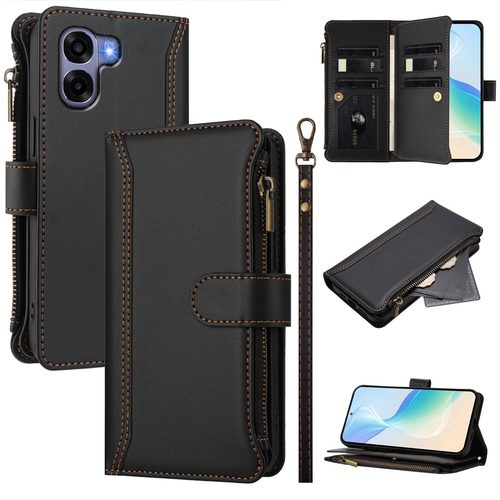 OPPO A6x EIDERWOOD Faux Leather Flip Case with 9 x Card Holder & Zipper Pocket - Black