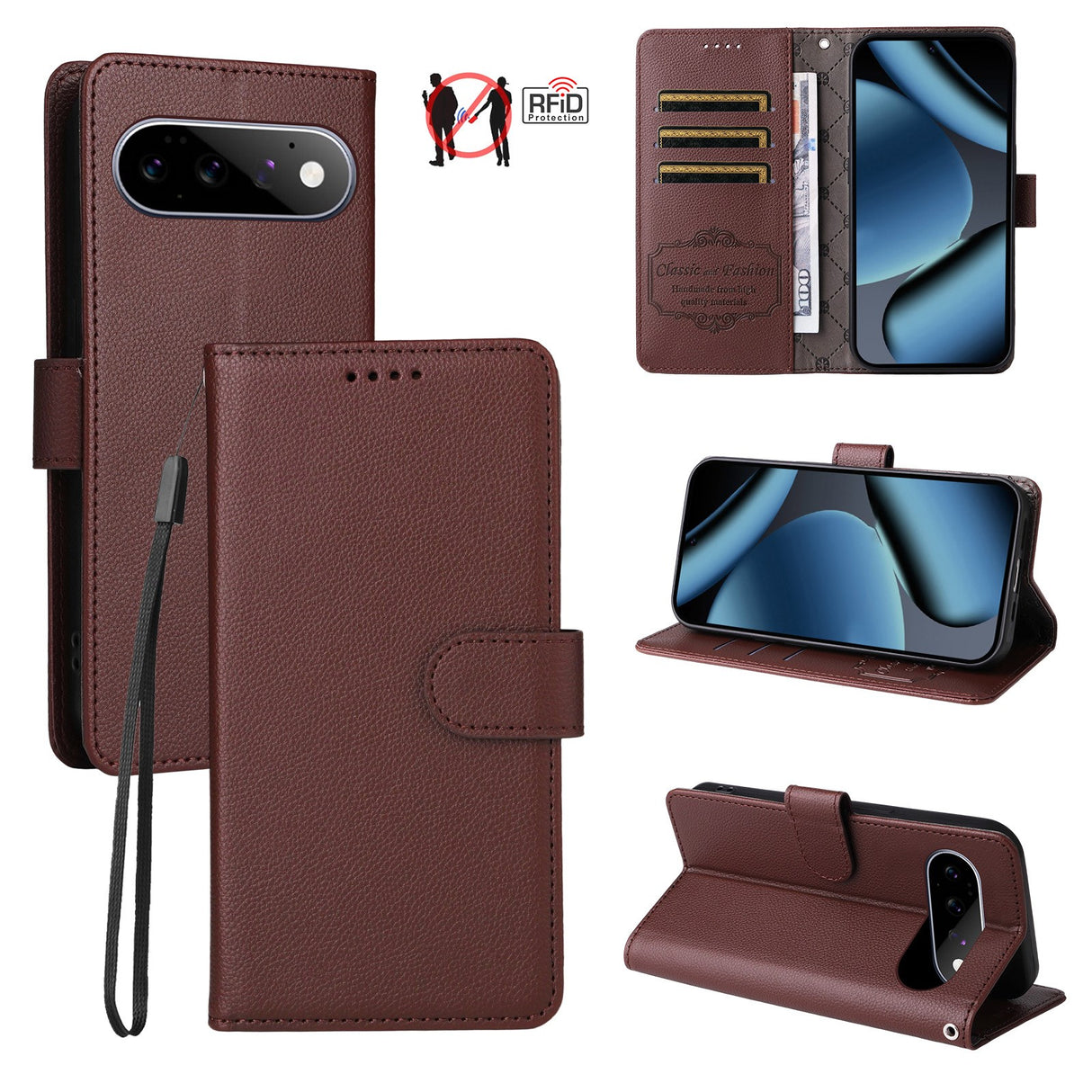 EIDERWOOD Google Pixel 11 / 11 Pro Flip Case - Card Holder & Wrist Strap - Brown