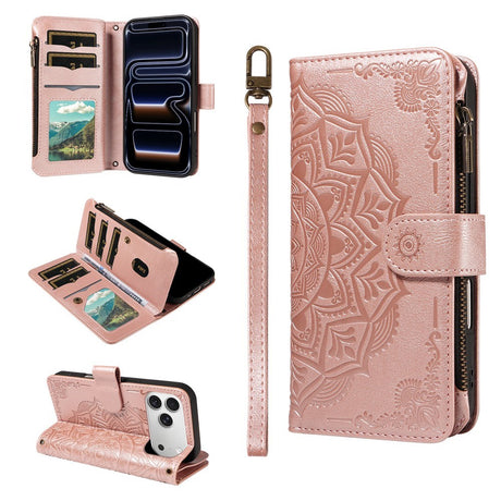 iPhone 17 Pro EIDERWOOD Flip Case with 9 x Card Holder - Zipper Pocket - RFDI Blocking - Strap - Rose Gold