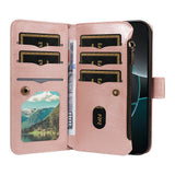 iPhone 17 Pro EIDERWOOD Flip Case with 9 x Card Holder - Zipper Pocket - RFDI Blocking - Strap - Rose Gold