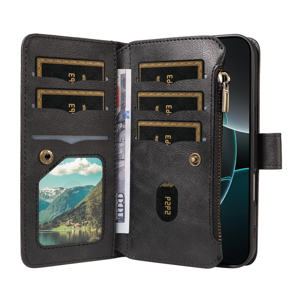 iPhone 17 Pro EIDERWOOD Flip Case with 9 x Card Holder - Zipper Pocket - RFDI Blocking - Strap - Black