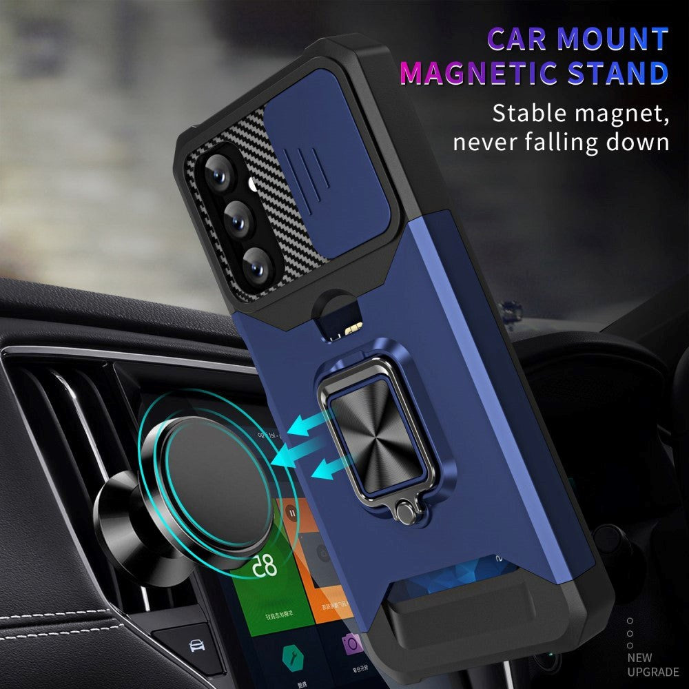 Samsung Galaxy A14 (5G) Tough Case w. Magnetic Kickstand, Card Holder & Cam Slider - Black / Blue