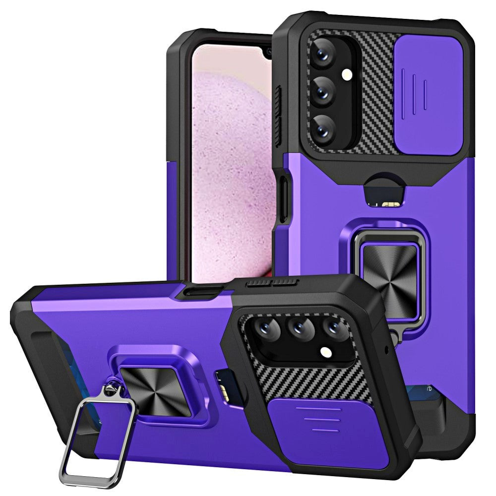 Samsung Galaxy A14 (5G) Tough Case w. Magnetic Kickstand, Card Holder & Cam Slider - Black / Purple