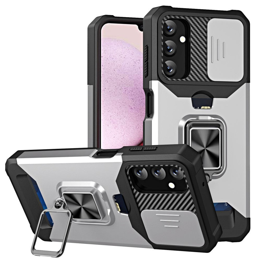 Samsung Galaxy A14 (5G) Tough Case w. Magnetic Kickstand, Card Holder & Cam Slider - Black / Silver