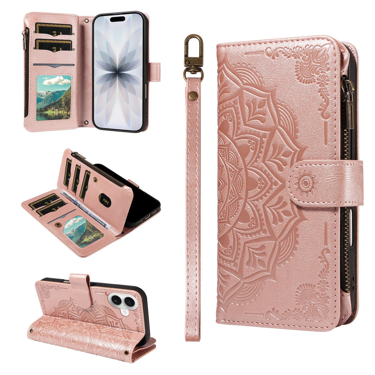 iPhone 17 EIDERWOOD Flip Case with 9 x Card Holder - Zipper Pocket - RFDI Blocking - Strap - Rose Gold