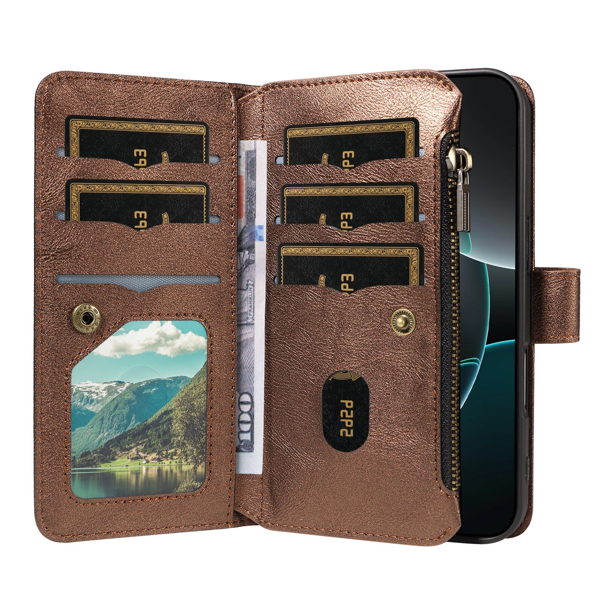 iPhone 17 EIDERWOOD Flip Case with 9 x Card Holder - Zipper Pocket - RFDI Blocking - Strap - Brown