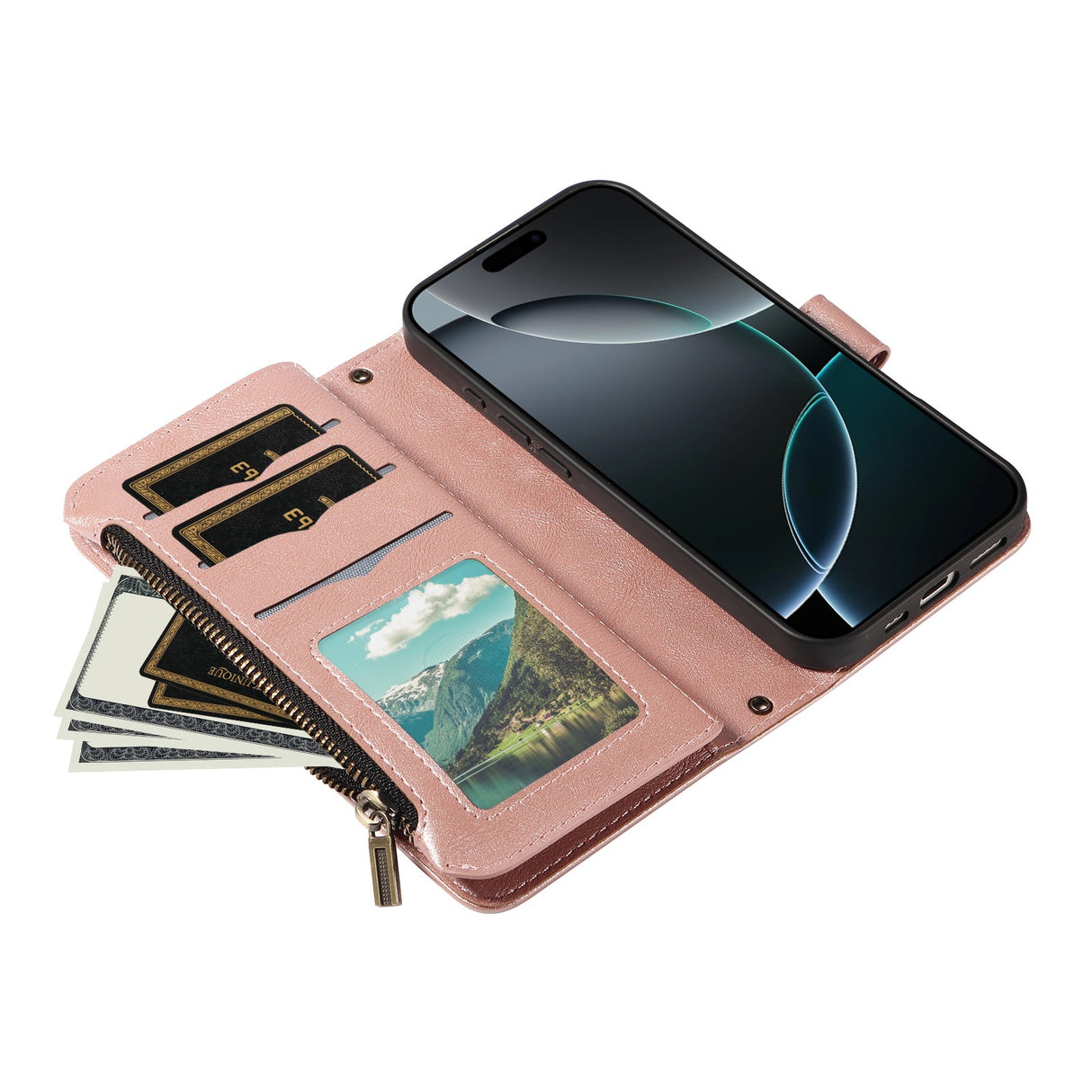iPhone 17e / 16e EIDERWOOD Flip Case with 9 x Card Holder - Zipper Pocket - RFDI Blocking - Strap - Rose Gold