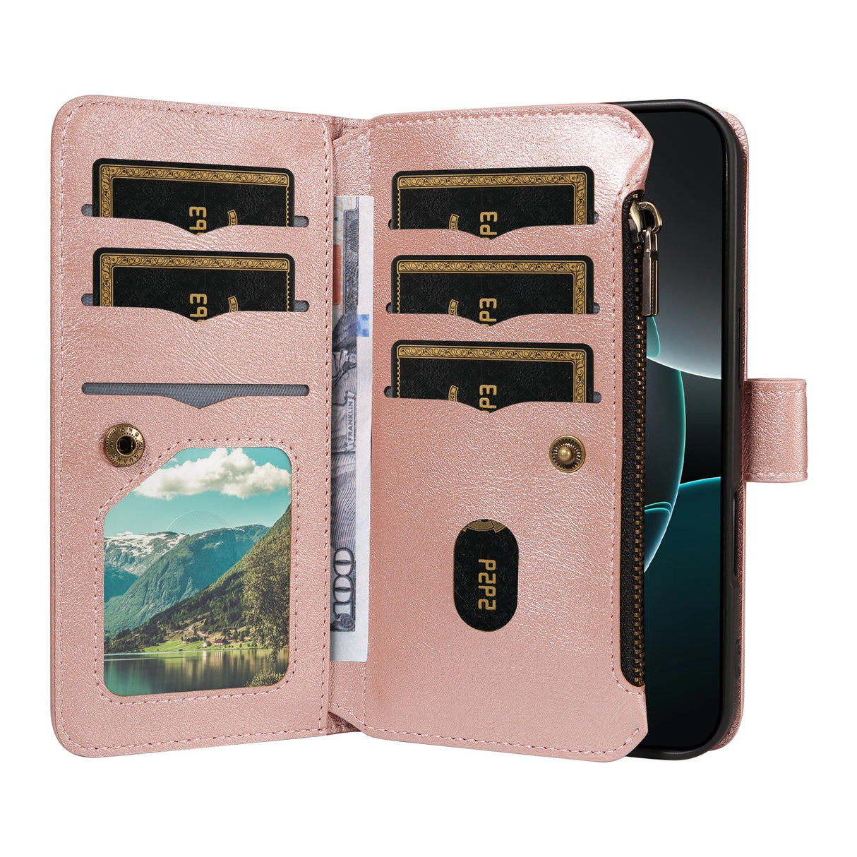 iPhone 17e / 16e EIDERWOOD Flip Case with 9 x Card Holder - Zipper Pocket - RFDI Blocking - Strap - Rose Gold
