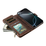 iPhone 17e / 16e EIDERWOOD Flip Case with 9 x Card Holder - Zipper Pocket - RFDI Blocking - Strap - Brown