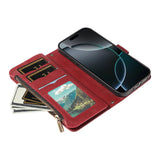 iPhone 17e / 16e EIDERWOOD Flip Case with 9 x Card Holder - Zipper Pocket - RFDI Blocking - Strap - Red