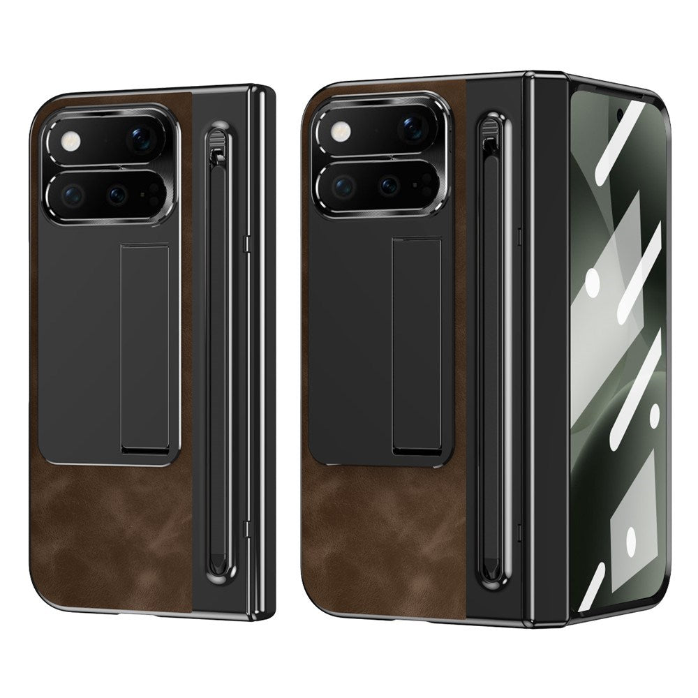 Google Pixel 11 Pro Fold EIDERWOOD Faux Leather Case with Tempered Glass - Dark Brown / Black