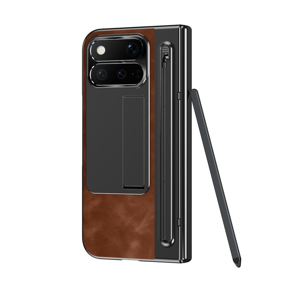 Google Pixel 11 Pro Fold EIDERWOOD Faux Leather Case with Tempered Glass - Brown / Black