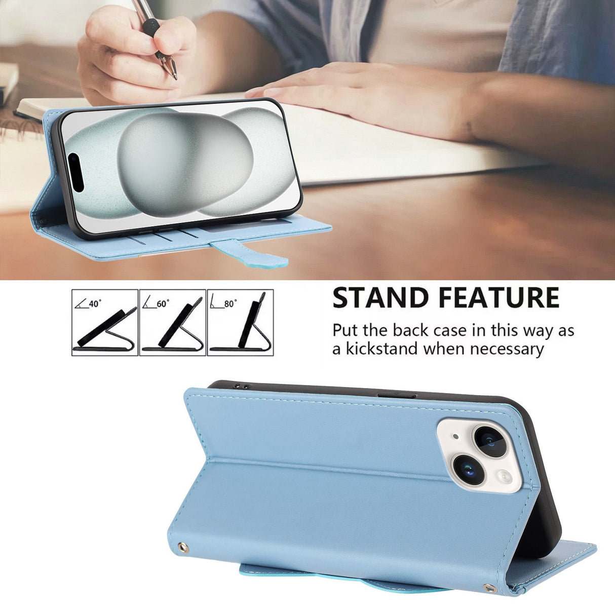 iPhone 14 / 13 Flipcase with 3D Cat Ears - Card Holder & Stand Function - Blue