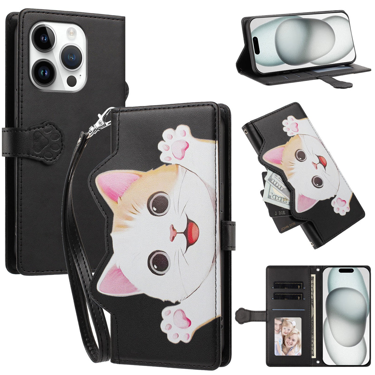 iPhone 16 Pro Flipcase with 3D Cat Ears - Card Holder & Stand Function - Black