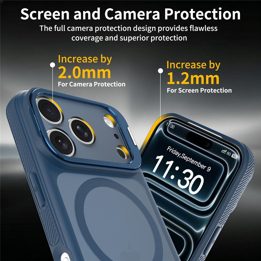 iPhone 18 Pro / 17 Pro Hybrid Plastic Case w. Shock-Absorbing Edges & Kickstand - MagSafe Compatible - Blue