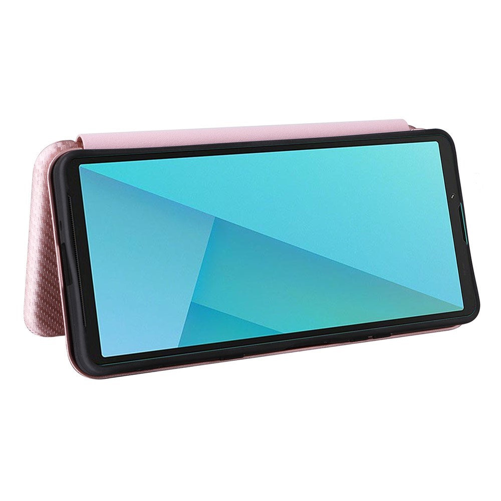 Sony Xperia 10 VIII EIDERWOOD Artificial Leather Case with Carbon Fibre Texture and Kickstand Strop - Pink