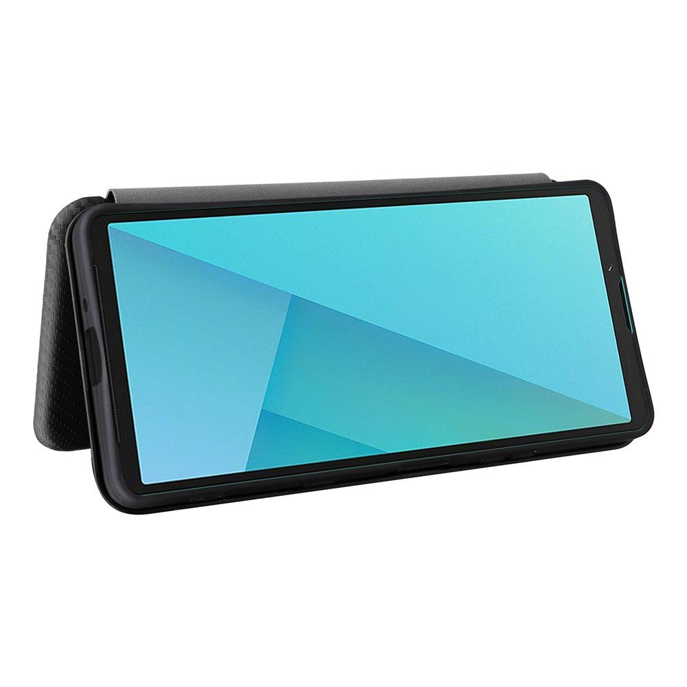 Sony Xperia 10 VIII EIDERWOOD Artificial Leather Case with Carbon Fibre Texture and Kickstand Strop - Black