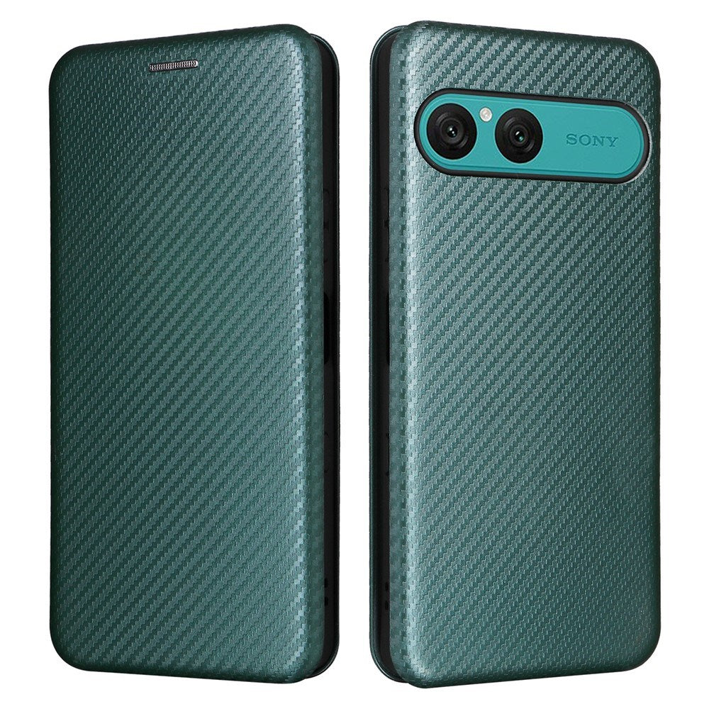 Sony Xperia 10 VIII EIDERWOOD Artificial Leather Case with Carbon Fibre Texture and Kickstand Strop - Green