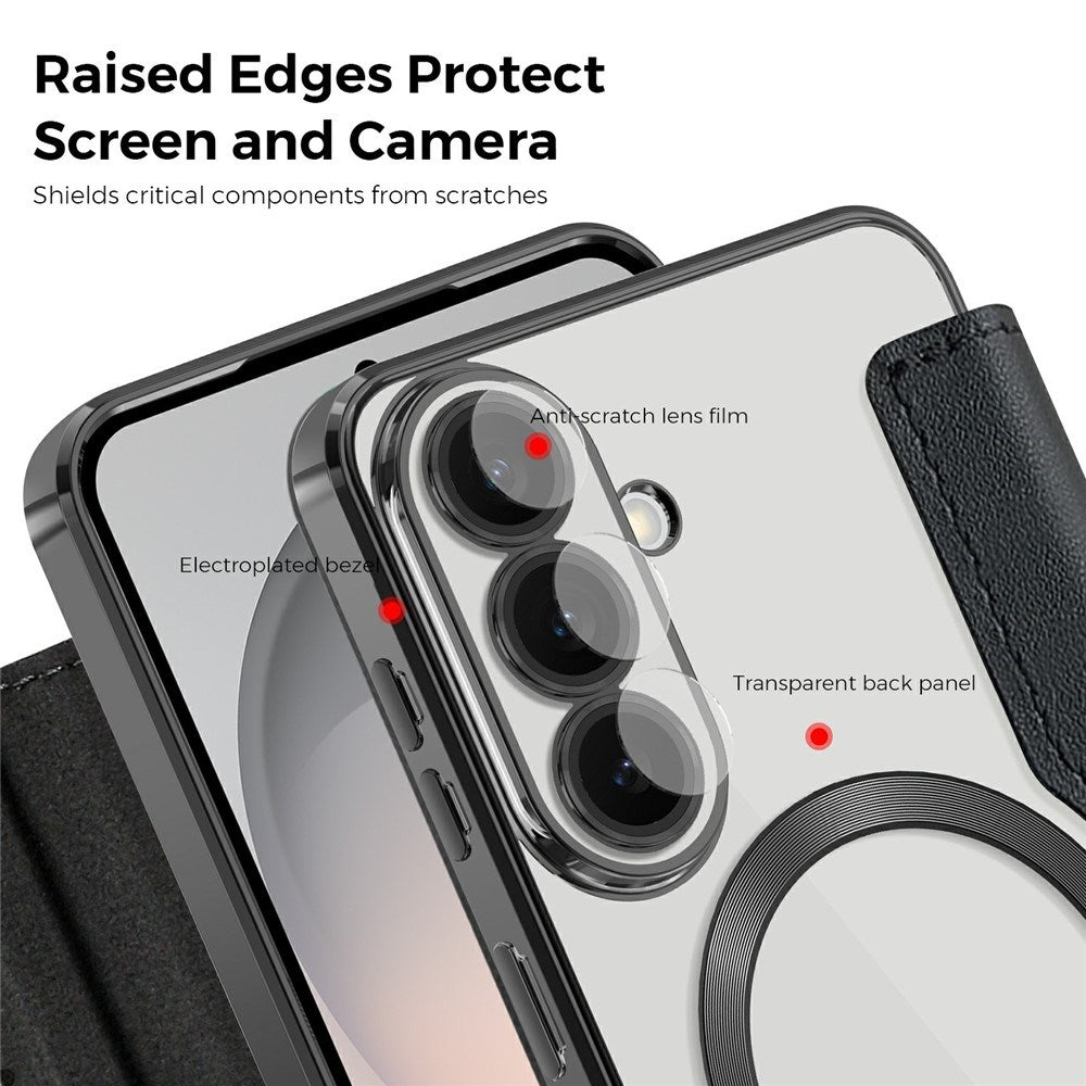 Samsung Galaxy S26 FE EIDERWOOD Flip Case with RFID Blocking and Camera Lens Protection - Black / Transparent