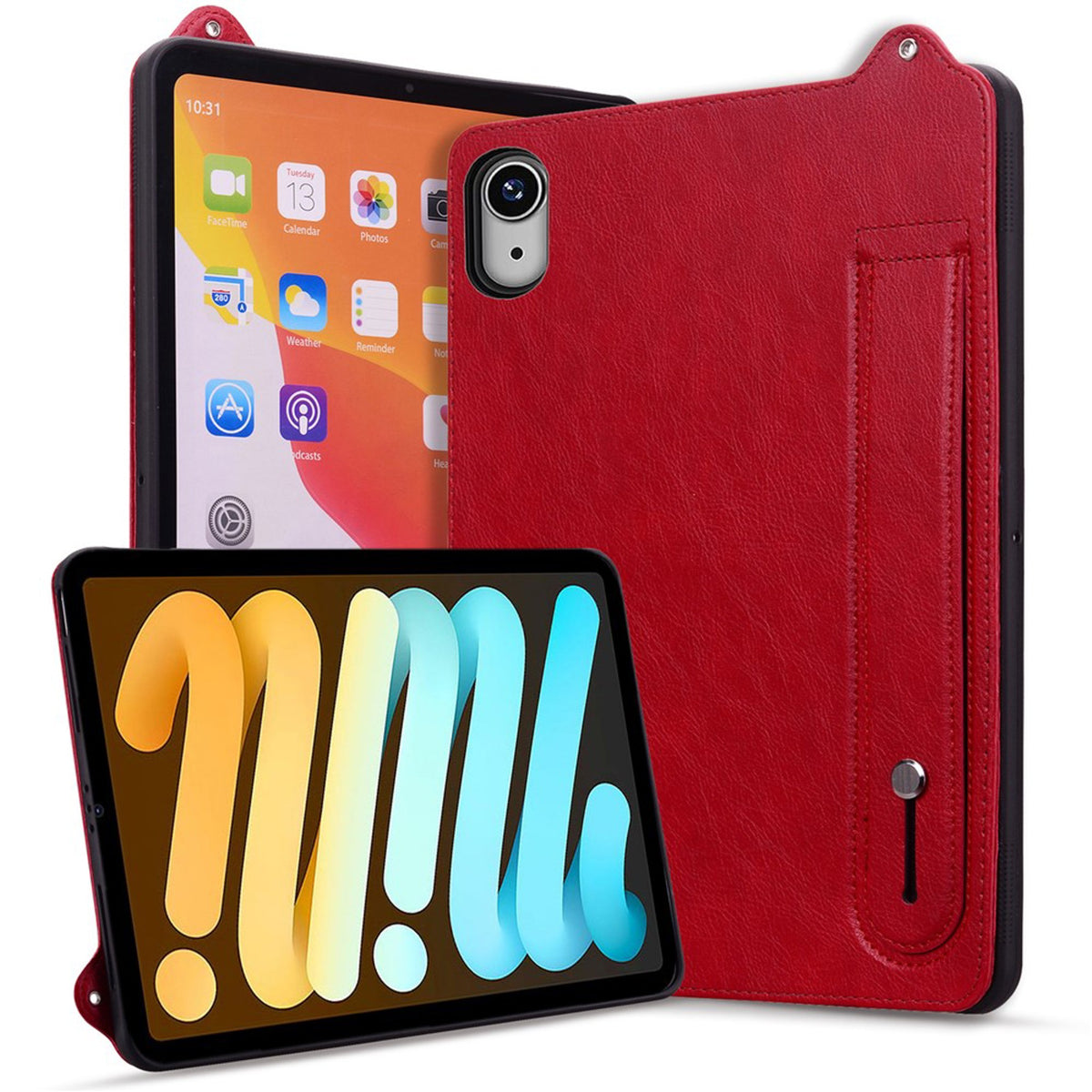 iPad Mini (2026) 8th Gen. EIDERWOOD Faux Leather Back Case with Strap Kickstand - Red