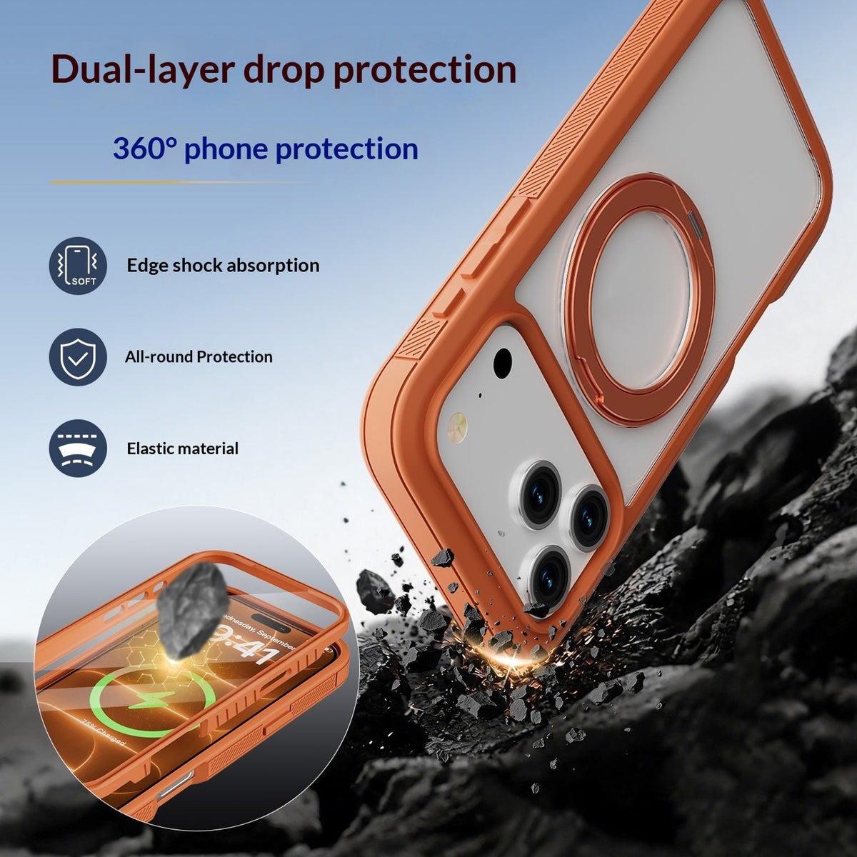 iPhone 18 Pro Max / 17 Pro Max EIDERWOOD Case with Screen Protector and Stand Function - MagSafe Compatible - Orange / Transparent