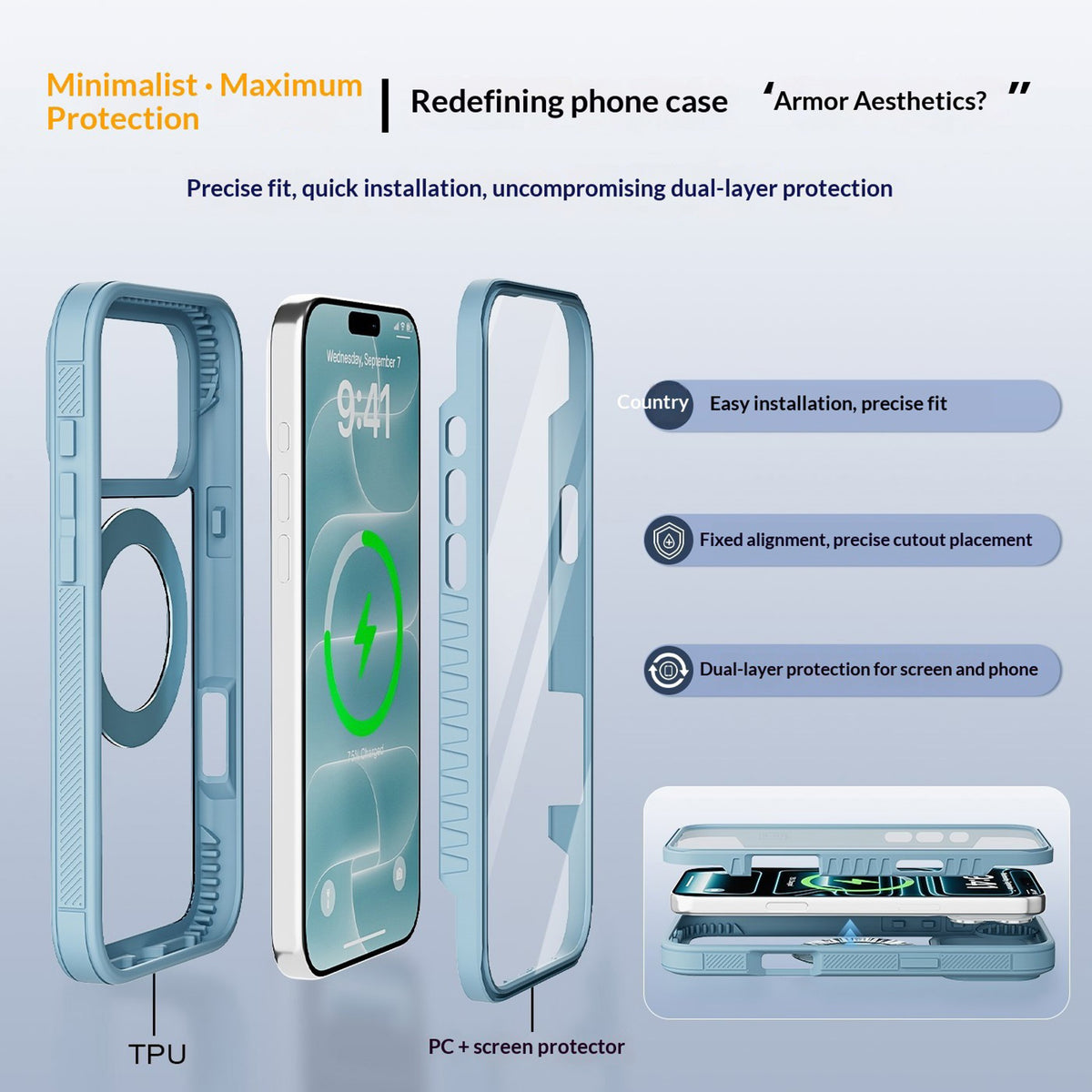 iPhone 18 Pro Max / 17 Pro Max EIDERWOOD Case with Screen Protector and Stand Function - MagSafe Compatible - Blue / Transparent