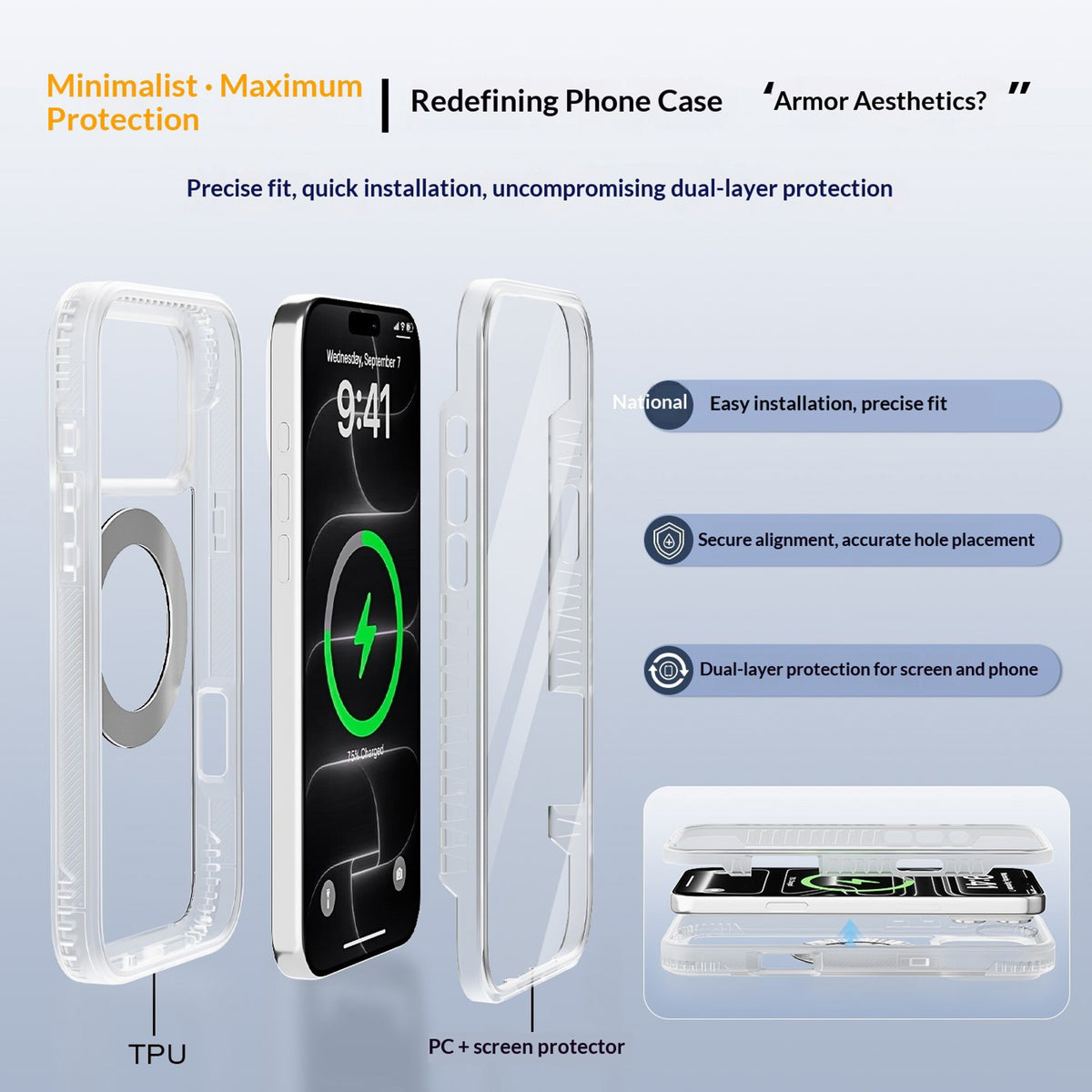 iPhone 18 Pro Max / 17 Pro Max EIDERWOOD Case with Screen Protector and Stand Function - MagSafe Compatible - White / Transparent