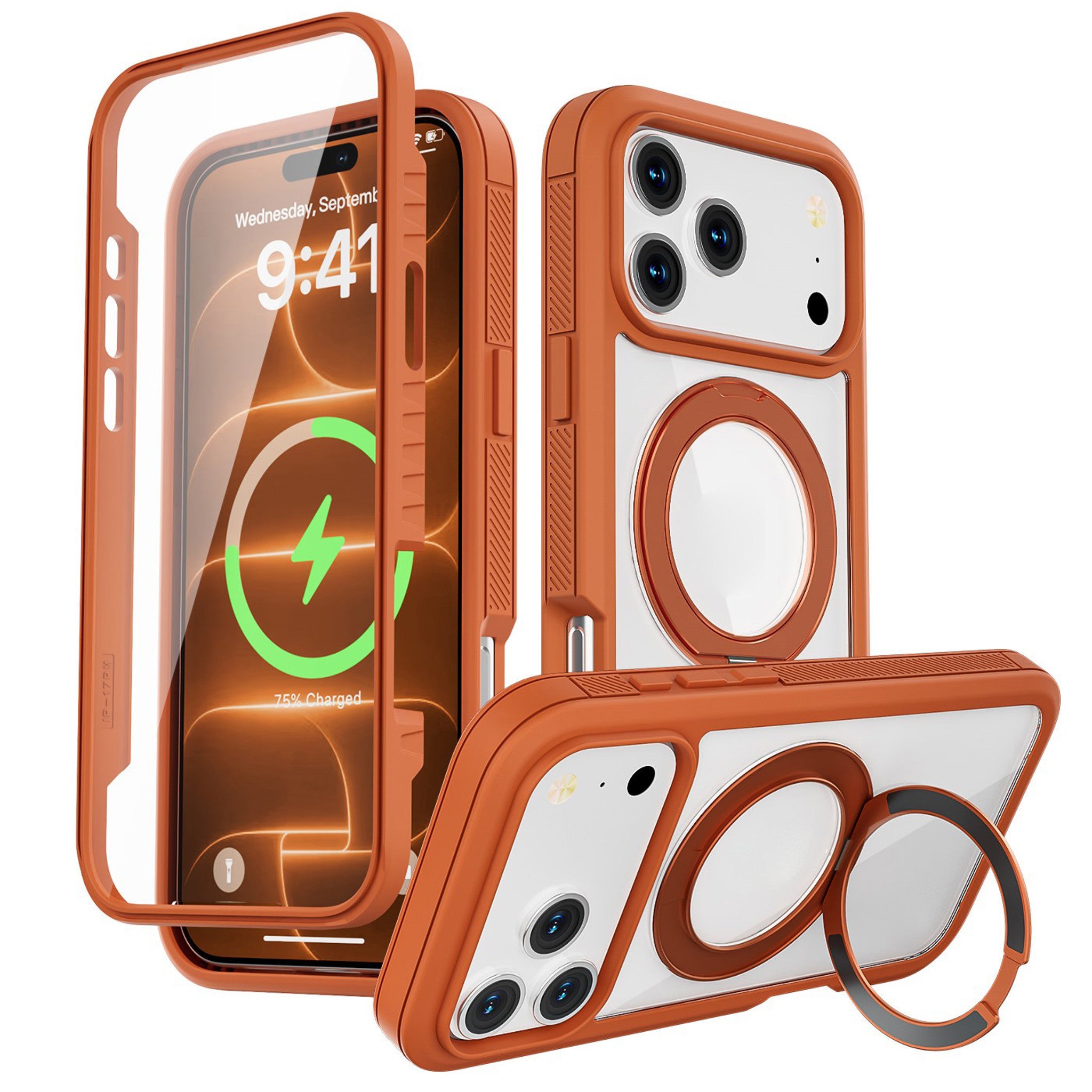 iPhone 18 Pro / 17 Pro EIDERWOOD Case with Screen Protector and Stand Function - MagSafe Compatible - Orange / Transparent