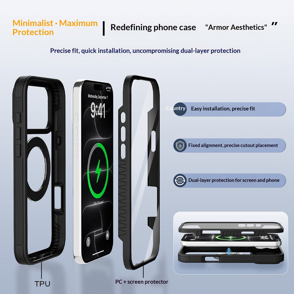 iPhone 18 Pro / 17 Pro EIDERWOOD Case with Screen Protector and Stand Function - MagSafe Compatible - Black / Transparent