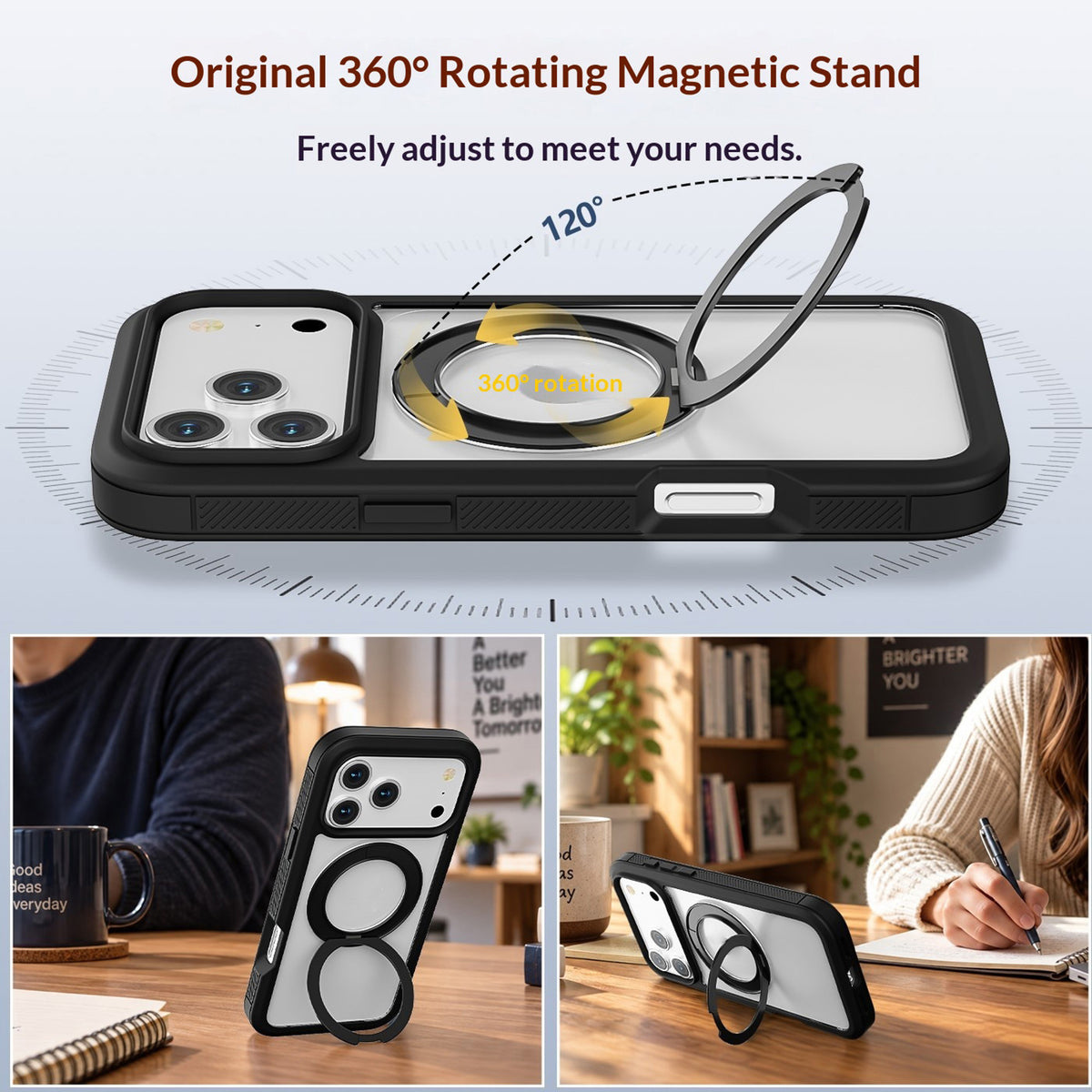 iPhone 18 Pro / 17 Pro EIDERWOOD Case with Screen Protector and Stand Function - MagSafe Compatible - Black / Transparent