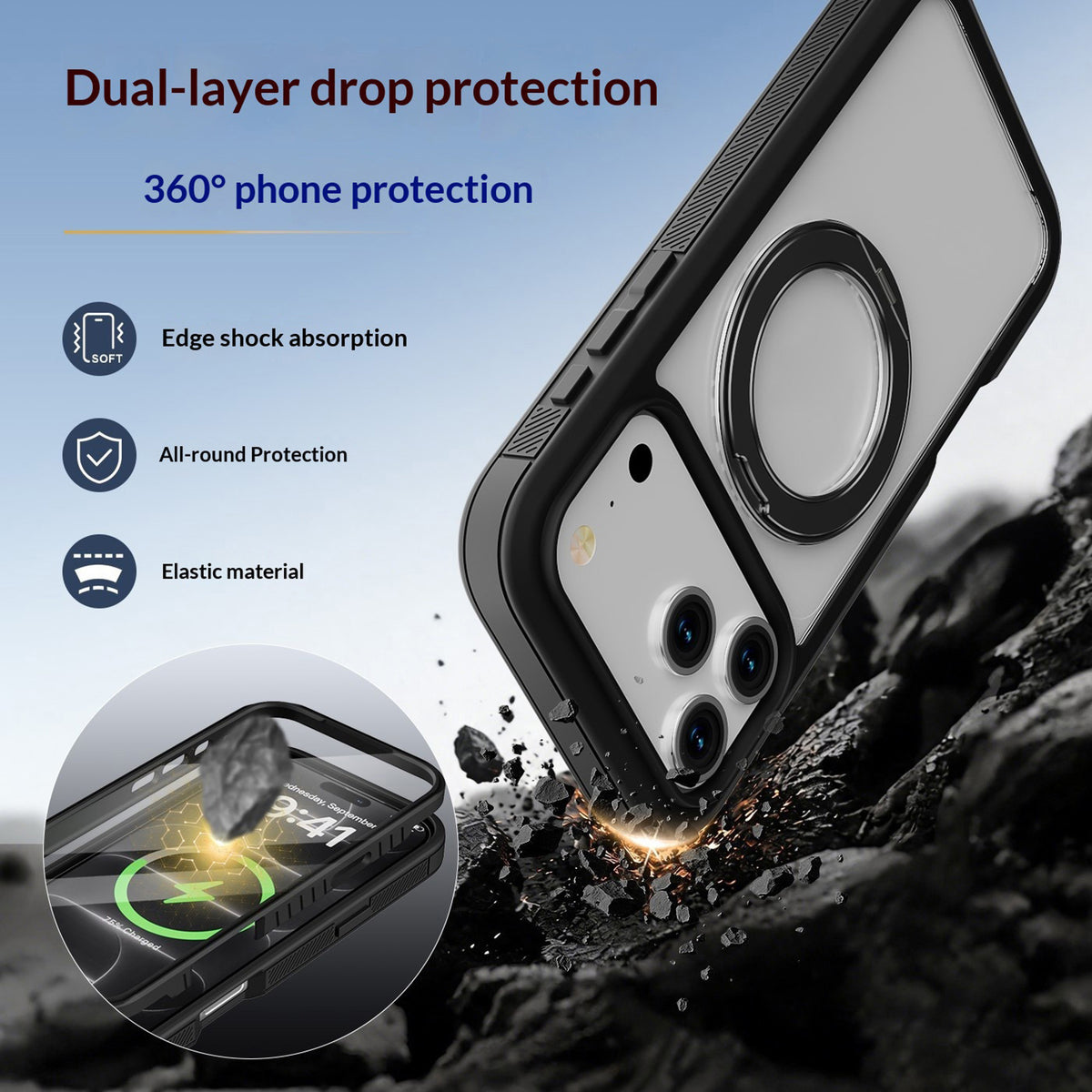 iPhone 18 Pro / 17 Pro EIDERWOOD Case with Screen Protector and Stand Function - MagSafe Compatible - Black / Transparent